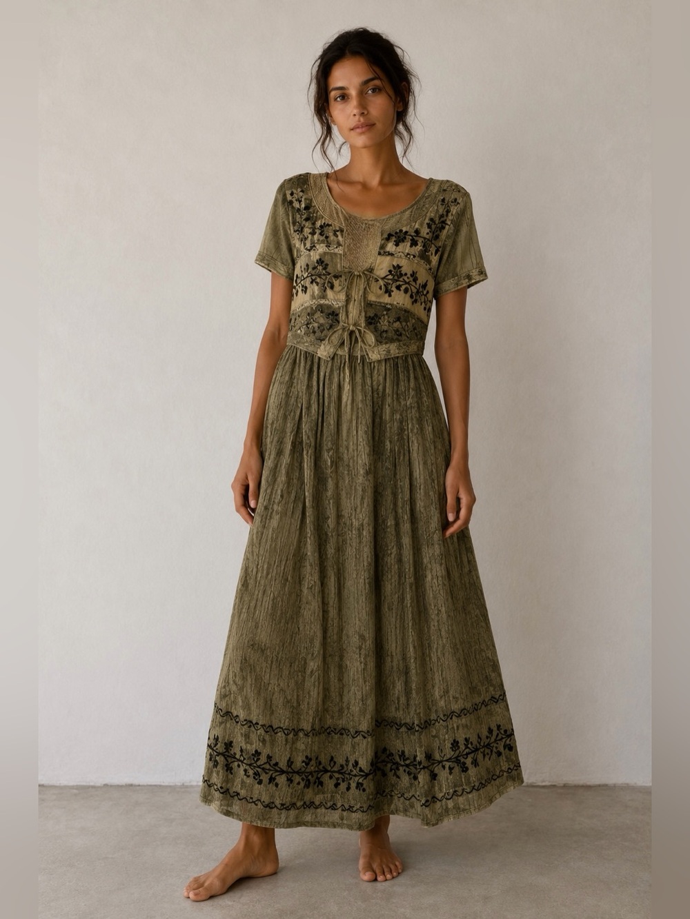 Vintage 100% Rayon Olive Embroidered Boho Lagenlook Prairie Maxi Dress S/M - Picture 1 of 10